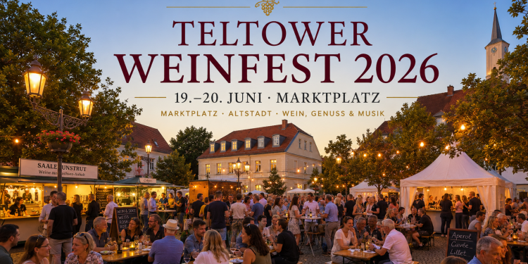 Belebter Teltower Marktplatz mit Weinständen, Festzeltgarnituren und warm beleuchteter Altstadtkulisse beim Weinfest 2026