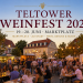 Belebter Teltower Marktplatz mit Weinständen, Festzeltgarnituren und warm beleuchteter Altstadtkulisse beim Weinfest 2026