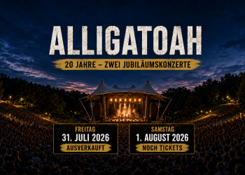 Parkbühne Wuhlheide bei Nacht mit Publikum und Hinweisen auf die beiden Alligatoah-Jubiläumskonzerte 2026