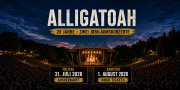 Parkbühne Wuhlheide bei Nacht mit Publikum und Hinweisen auf die beiden Alligatoah-Jubiläumskonzerte 2026