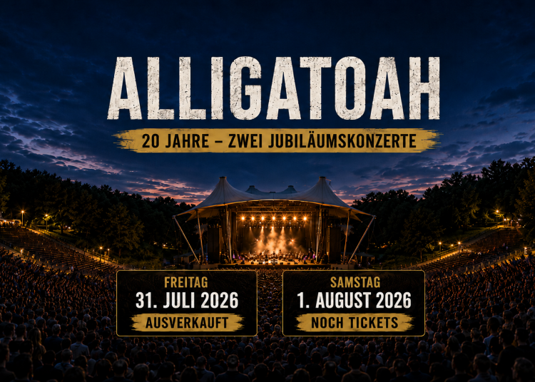 Parkbühne Wuhlheide bei Nacht mit Publikum und Hinweisen auf die beiden Alligatoah-Jubiläumskonzerte 2026