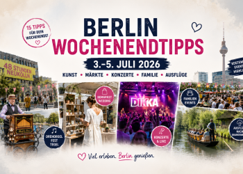 Collage der Berlin-Wochenendtipps vom 3. bis 5. Juli 2026 mit Kunstfestival, Designmarkt, Konzert, Drehorgelfest und Spreewald-Ausflug