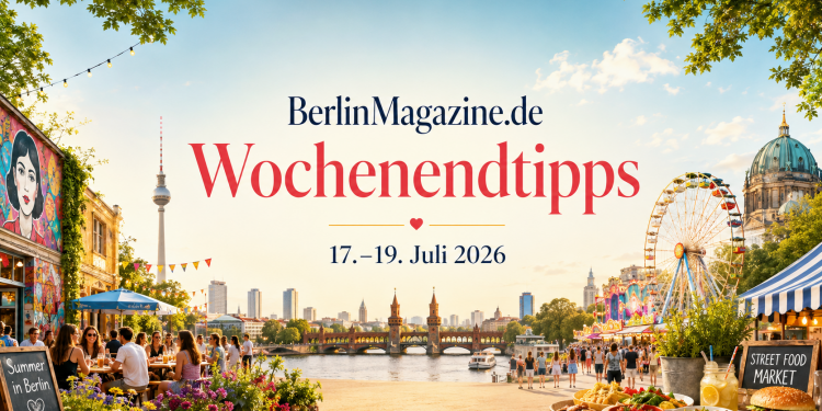 BerlinMagazine.de Wochenendtipps für den 17. bis 19. Juli 2026 mit sommerlicher Berlin-Kulisse, Riesenrad, Street Food und Fernsehturm