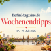 BerlinMagazine.de Wochenendtipps für den 17. bis 19. Juli 2026 mit sommerlicher Berlin-Kulisse, Riesenrad, Street Food und Fernsehturm