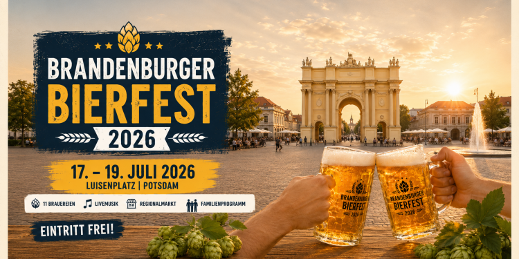 Brandenburger Bierfest 2026 auf dem Luisenplatz in Potsdam mit Biergläsern, Publikum und dem Brandenburger Tor