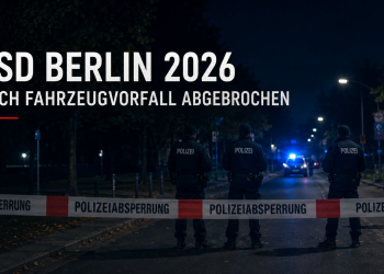 Polizeiabsperrung und Einsatzkräfte bei Nacht nach dem Abbruch des CSD Berlin 2026