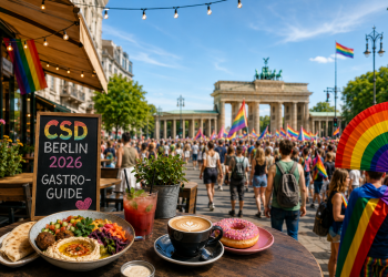 CSD Berlin 2026 Gastro-Guide mit Café, Essen, Regenbogenfahnen und Brandenburger Tor