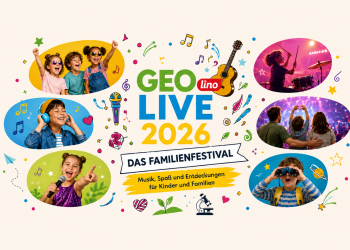 GEOlino Live 2026 Familienfestival mit fröhlichen Kindern, Musikmotiven und bunten Entdecker-Symbolen