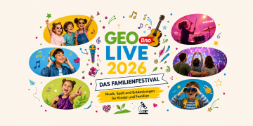 GEOlino Live 2026 Familienfestival mit fröhlichen Kindern, Musikmotiven und bunten Entdecker-Symbolen
