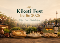 KI-Illustration zum Kiketi Fest Berlin 2026 mit georgischem Wein, Khinkali, Chatschapuri und Gartenfestival