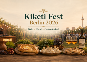 KI-Illustration zum Kiketi Fest Berlin 2026 mit georgischem Wein, Khinkali, Chatschapuri und Gartenfestival