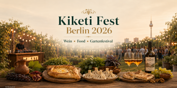 KI-Illustration zum Kiketi Fest Berlin 2026 mit georgischem Wein, Khinkali, Chatschapuri und Gartenfestival