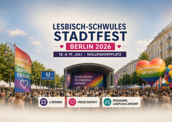 Lesbisch-schwules Stadtfest Berlin 2026 am Nollendorfplatz mit Bühne, Publikum, Regenbogenmotiven und freiem Eintritt