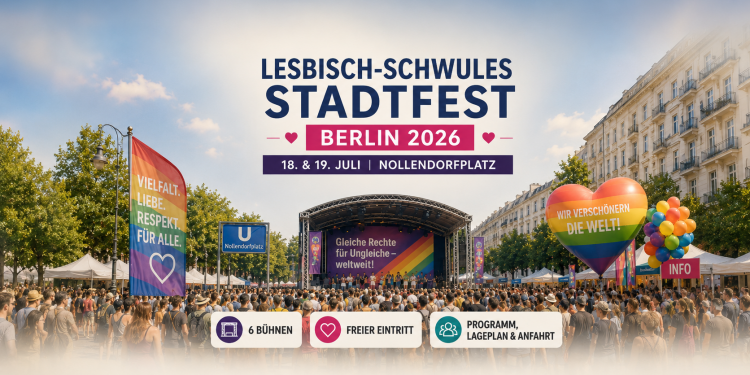 Lesbisch-schwules Stadtfest Berlin 2026 am Nollendorfplatz mit Bühne, Publikum, Regenbogenmotiven und freiem Eintritt