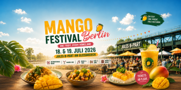 Mango Festival Berlin 2026 im Jules B-Part am Gleisdreieck mit Mango-Gerichten, Getränken, Musik und Festivalpublikum