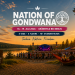 KI-generiertes Beitragsbild zur Nation of Gondwana 2026 mit Festivalbühne, Publikum und Waldsee bei Sonnenuntergang