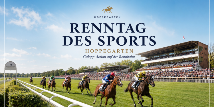 Renntag des Sports 2026 auf der Rennbahn Hoppegarten mit Galopprennen, voll besetzter Haupttribüne und Pferden auf der Zielgeraden