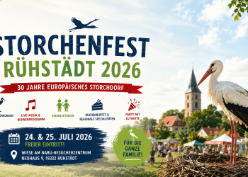 Storchenfest Rühstädt 2026 mit Weißstorch, Dorfkulisse und Familienfest am NABU-Besucherzentrum