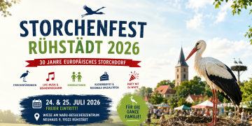 Storchenfest Rühstädt 2026 mit Weißstorch, Dorfkulisse und Familienfest am NABU-Besucherzentrum