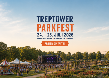 Treptower Parkfest 2026 mit Bühne, Kinderkarussell, Rosengarten und Fontäne im Treptower Park