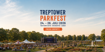 Treptower Parkfest 2026 mit Bühne, Kinderkarussell, Rosengarten und Fontäne im Treptower Park