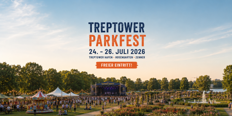Treptower Parkfest 2026 mit Bühne, Kinderkarussell, Rosengarten und Fontäne im Treptower Park