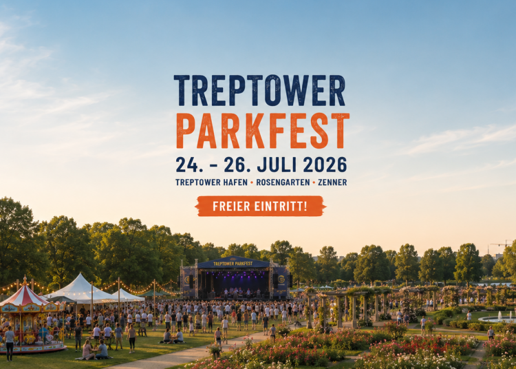 Treptower Parkfest 2026 mit Bühne, Kinderkarussell, Rosengarten und Fontäne im Treptower Park