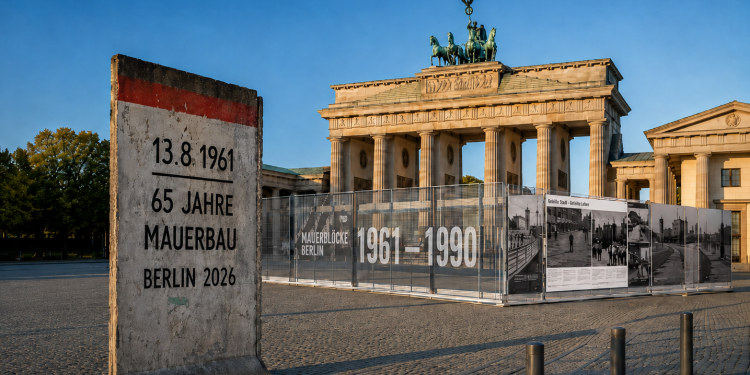 KI-generierte Illustration zu 65 Jahre Mauerbau Berlin 2026 mit Brandenburger Tor, Mauer-Element und Ausstellung zur deutschen Teilung