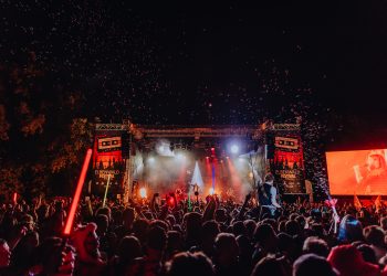 Versengold spielt beim Elbenwald Festival im Spreeauenpark Cottbus vor einer großen Menge im nächtlichen Bühnenlicht