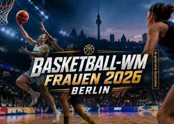 Frauen-Basketball-WM 2026 in Berlin mit Spielerinnen auf dem Court und Berliner Skyline im Hintergrund