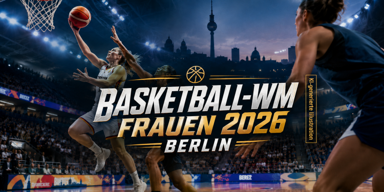 Frauen-Basketball-WM 2026 in Berlin mit Spielerinnen auf dem Court und Berliner Skyline im Hintergrund