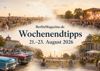 Collage mit Open-Air-Festival, Konzertpublikum, US-Oldtimern und sommerlichen Berlin-Motiven für die Wochenendtipps