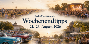 Collage mit Open-Air-Festival, Konzertpublikum, US-Oldtimern und sommerlichen Berlin-Motiven für die Wochenendtipps