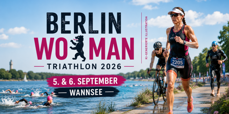 BerlinWoMan Triathlon 2026 am Wannsee mit Schwimmern, Radfahrer und Läuferin