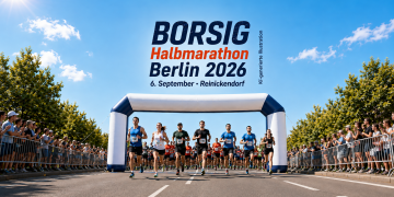 BORSIG Halbmarathon Berlin 2026 mit Startbogen, Läufern und Zuschauern in Reinickendorf