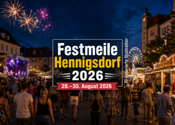 Festmeile Hennigsdorf 2026 mit Bühne, Feuerwerk, Riesenrad, Buden und Besuchern in der Innenstadt