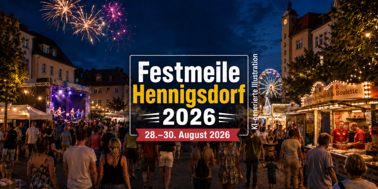 Festmeile Hennigsdorf 2026 mit Bühne, Feuerwerk, Riesenrad, Buden und Besuchern in der Innenstadt