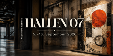 HALLEN 07 Berlin 2026 mit zeitgenössischem Kunstwerk vor einer historischen Industriehallenwand