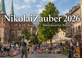 NikolaiZauber 2026 im Berliner Nikolaiviertel mit Straßenkunst, Jongleur und Nikolaikirche
