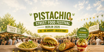 Pistachio Street Food Festival Berlin 2026 mit Pistaziengerichten, Foodständen und Festivalbesuchern