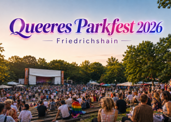 Queeres Parkfest Friedrichshain 2026 im Freiluftkino mit Bühne und vielen Besuchern