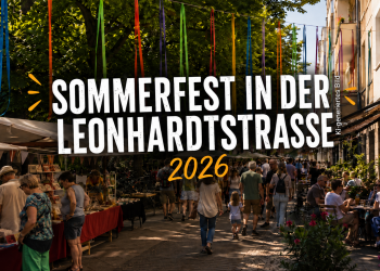 Sommerfest in der Leonhardtstraße 2026 in Berlin-Charlottenburg mit Marktständen, Außengastronomie und Besuchern