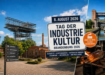 KI-generierte Illustration zum Tag der Industriekultur Brandenburg 2026 mit Schiffshebewerk, historischen Fabriken und Glasmacherhandwerk
