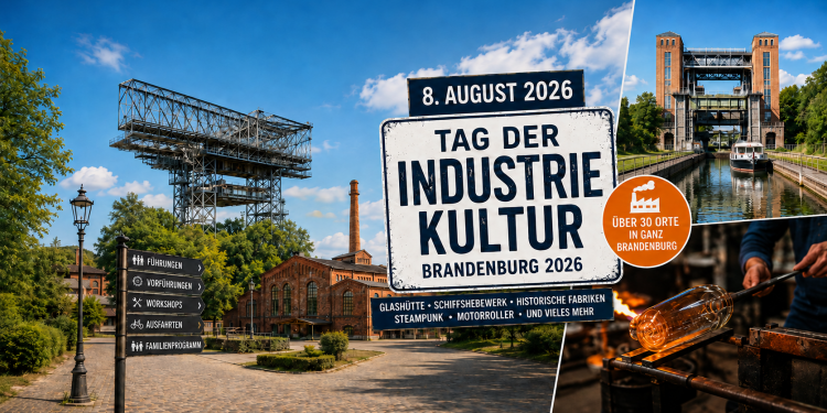 KI-generierte Illustration zum Tag der Industriekultur Brandenburg 2026 mit Schiffshebewerk, historischen Fabriken und Glasmacherhandwerk