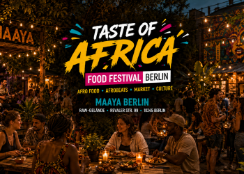 Taste of Africa Food Festival Berlin 2026 im Maaya mit Afro Food, Afrobeats und Gästen im beleuchteten Innenhof
