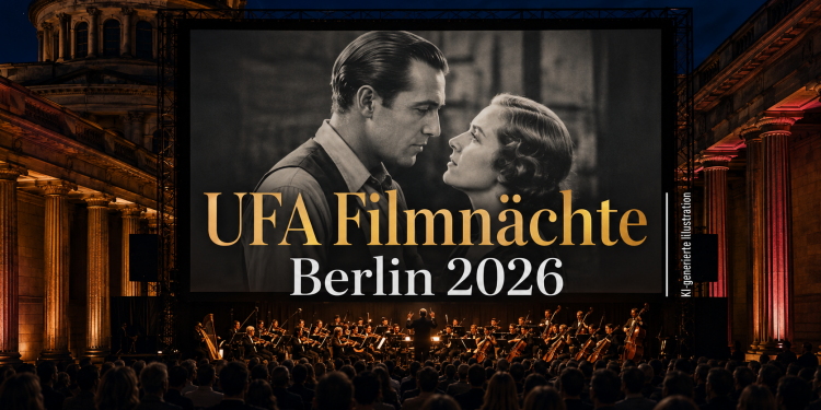 UFA Filmnächte Berlin 2026 mit Stummfilm-Leinwand, Live-Orchester und beleuchteten Kolonnaden auf der Museumsinsel