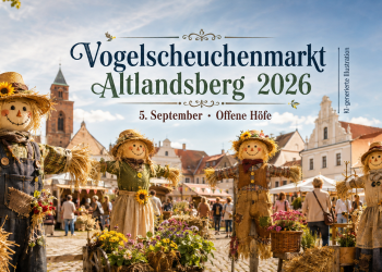 Vogelscheuchenmarkt Altlandsberg 2026 mit mehreren Vogelscheuchen, Marktständen und historischer Altstadt