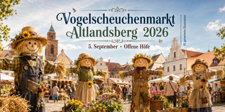 Vogelscheuchenmarkt Altlandsberg 2026 mit mehreren Vogelscheuchen, Marktständen und historischer Altstadt