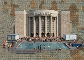 Collage des VOLKSBADS mit Schwimmbecken vor der Volksbühne am Rosa-Luxemburg-Platz in Berlin