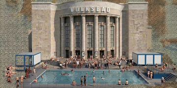 Collage des VOLKSBADS mit Schwimmbecken vor der Volksbühne am Rosa-Luxemburg-Platz in Berlin